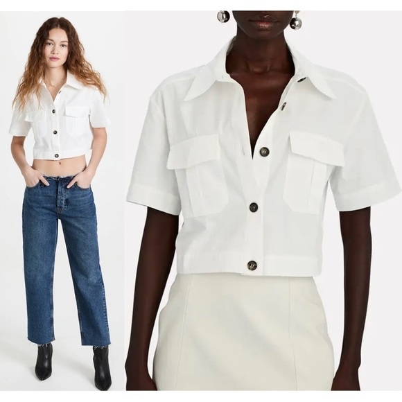 ANINE BING 90s Short Sleeve Cotton Poplin Button Up Crop Utility Camp Shirt XS - Picture 8 of 16